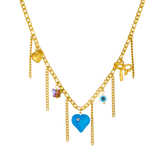 Fashion Creative Stainless Steel Ladies Necklace With Heart Shape Drop Oil Eyes Love Bow Tassel Chain And Electroplating Design