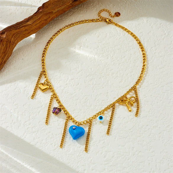 Fashion Creative Stainless Steel Ladies Necklace With Heart Shape Drop Oil Eyes Love Bow Tassel Chain And Electroplating Design