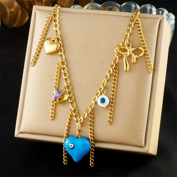 Fashion Creative Stainless Steel Ladies Necklace With Heart Shape Drop Oil Eyes Love Bow Tassel Chain And Electroplating Design