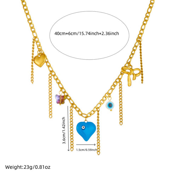 Fashion Creative Stainless Steel Ladies Necklace With Heart Shape Drop Oil Eyes Love Bow Tassel Chain And Electroplating Design