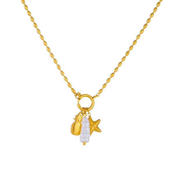 Fashion Creative Stainless Steel Round Bead Chain Necklace With Gold Plated Star And Fruit Pendant