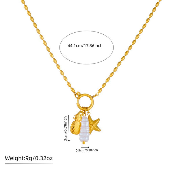 Fashion Creative Stainless Steel Round Bead Chain Necklace With Gold Plated Star And Fruit Pendant