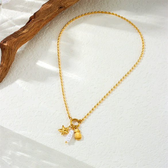 Fashion Creative Stainless Steel Round Bead Chain Necklace With Gold Plated Star And Fruit Pendant