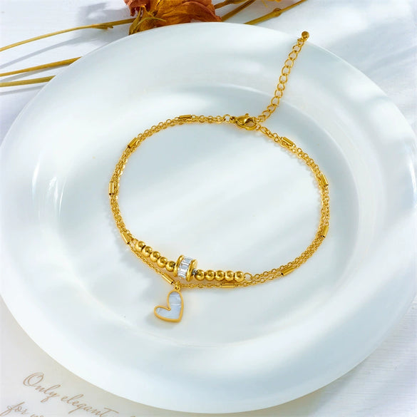Fashion Creative Stylish Simple High End Elegant Multi Layer Stacked Heart Pendant Stainless Steel Anklet With Geometric Pattern