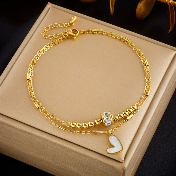 Fashion Creative Stylish Simple High End Elegant Multi Layer Stacked Heart Pendant Stainless Steel Anklet With Geometric Pattern