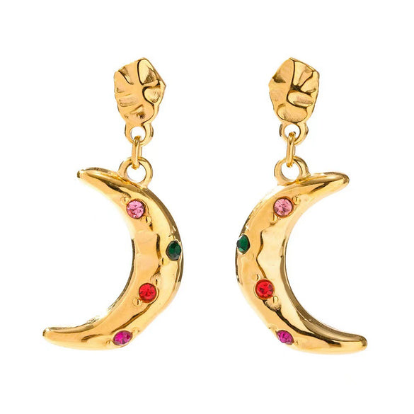 Fashion Crescent Colorful Zircon Earrings Stainless Steel 18K Gold Electroplated Jewelry For Women