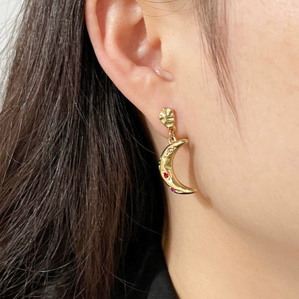Fashion Crescent Colorful Zircon Earrings Stainless Steel 18K Gold Electroplated Jewelry For Women