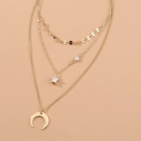 Fashion Crescent Star Zircon Pendant Multi-Layer Necklace