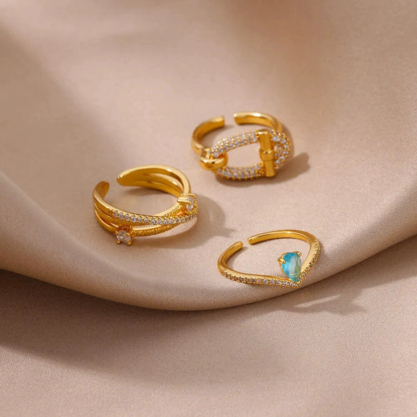 Fashion Cross Multilayer Open Ring For Women Stainless Steel Goldplated Water Drop Shape