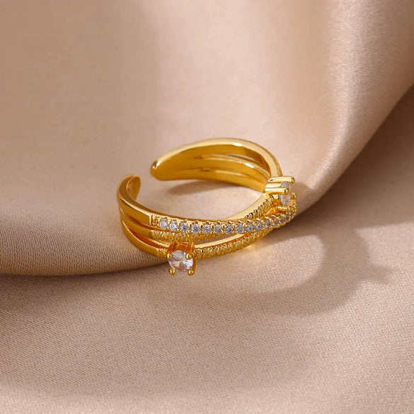 Fashion Cross Multilayer Open Ring For Women Stainless Steel Goldplated Water Drop Shape