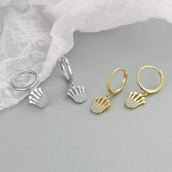 Fashion Crown Shaped Zircon Inlaid Sterling Silver Earrings Geometric Electroplated Ear Buckle Style