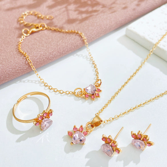 Fashion Cute Cartoon Cat Claw Alloy Jewelry Fourpiece Set For Women With Electroplating Design
