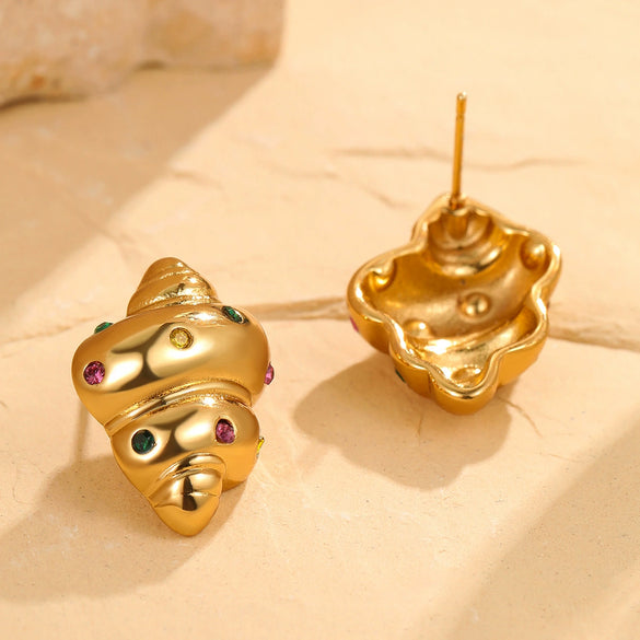 Fashion Cute Geometric Croissant Stainless Steel 18K Electroplated Women's Earrings With Colorful Zircon