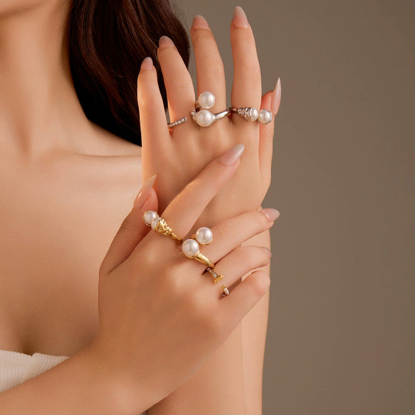 Fashion Design Stainless Steel Inlaid Pearl Open Ring With Electroplating For Women