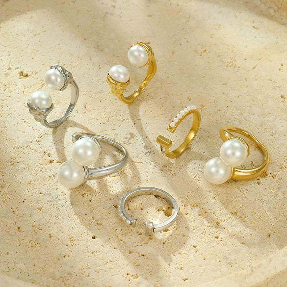 Fashion Design Stainless Steel Inlaid Pearl Open Ring With Electroplating For Women