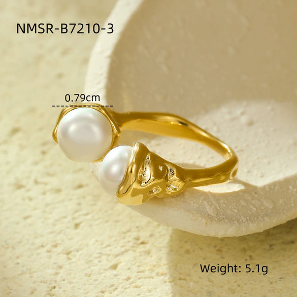 Fashion Design Stainless Steel Inlaid Pearl Open Ring With Electroplating For Women