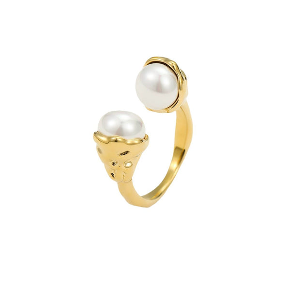 Fashion Design Stainless Steel Inlaid Pearl Open Ring With Electroplating For Women