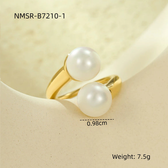 Fashion Design Stainless Steel Inlaid Pearl Open Ring With Electroplating For Women