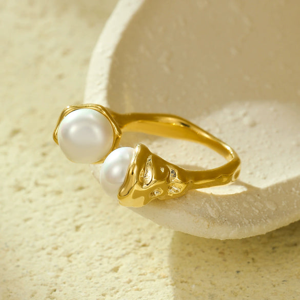 Fashion Design Stainless Steel Inlaid Pearl Open Ring With Electroplating For Women
