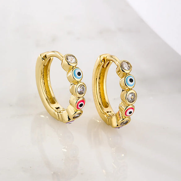 Fashion Devil's Eye Copper Enamel Gold Plated Zircon Hoop Earrings 1 Pair