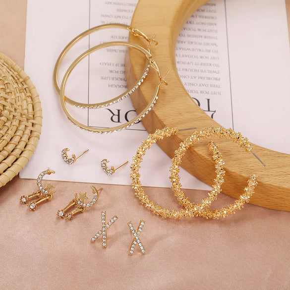 Fashion Diamond Inlaid Geometric Big Circle Metal Earrings Letter Combination Stud Earrings