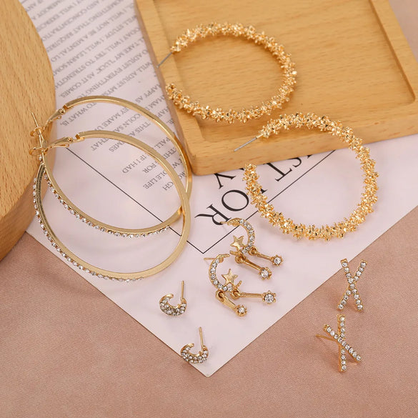 Fashion Diamond Inlaid Geometric Big Circle Metal Earrings Letter Combination Stud Earrings