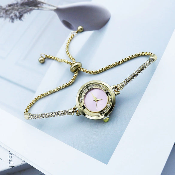 Fashion Diamond Round Women's Quartz Watch Alloy Case Stainless Steel Strap Leisure Style