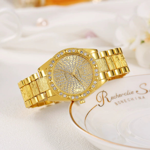 Fashion Diamondencrusted Alloy Band Round Dial Watch Hiphop Style