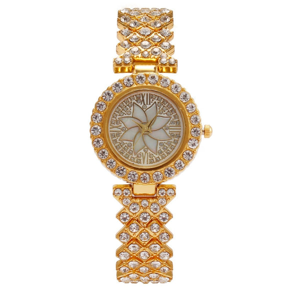 Fashion Diamondencrusted Rhinestone Flower Women's Metal Watch Bracelet Quartz Round Dial