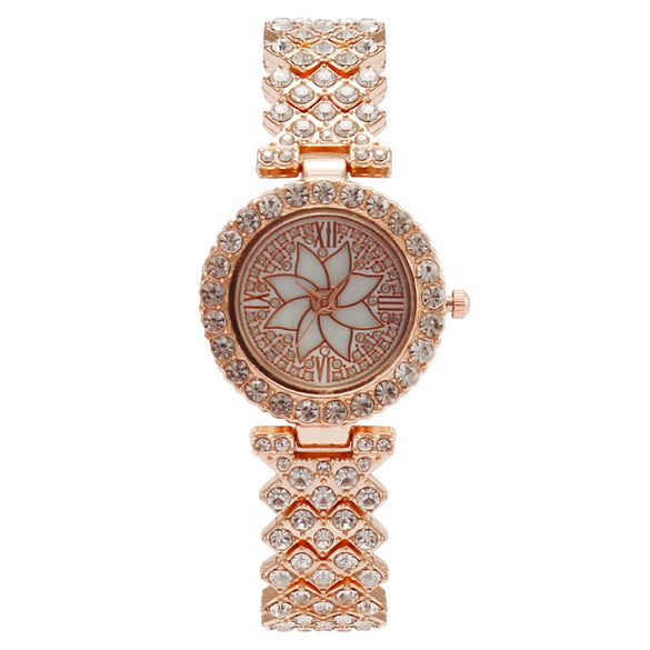Fashion Diamondencrusted Rhinestone Flower Women's Metal Watch Bracelet Quartz Round Dial