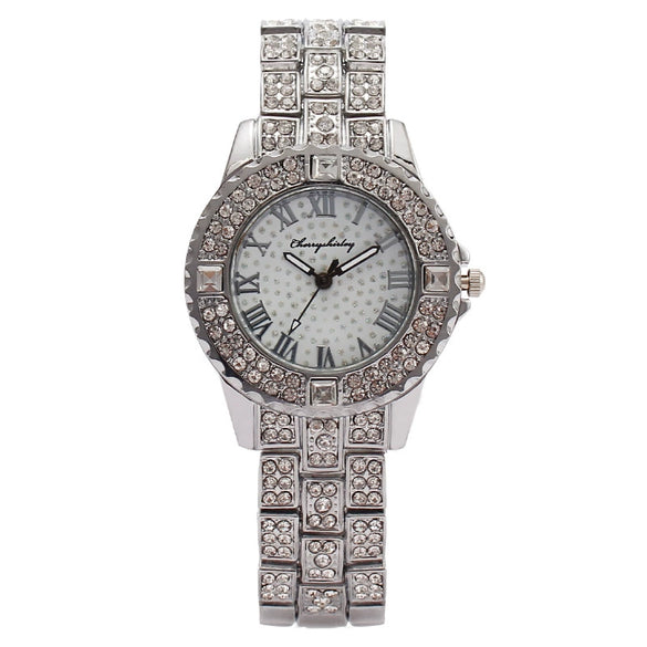 Fashion Diamondencrusted Rhinestone Women's Metal Watch With Roman Pattern And Round Dial