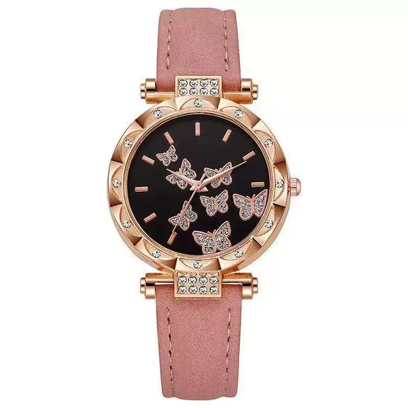 Fashion Diamondencrusted Seven Butterfly Women's Alloy And Pu Watch With Round Dial