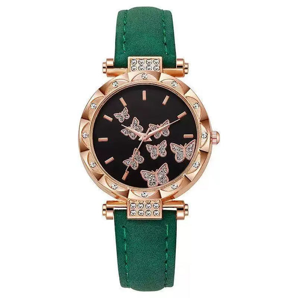 Fashion Diamondencrusted Seven Butterfly Women's Alloy And Pu Watch With Round Dial