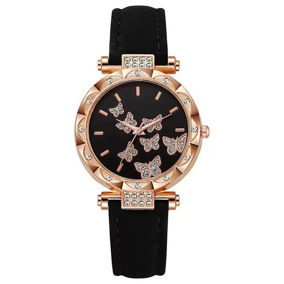 Fashion Diamondencrusted Seven Butterfly Women's Alloy And Pu Watch With Round Dial