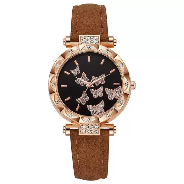 Fashion Diamondencrusted Seven Butterfly Women's Alloy And Pu Watch With Round Dial