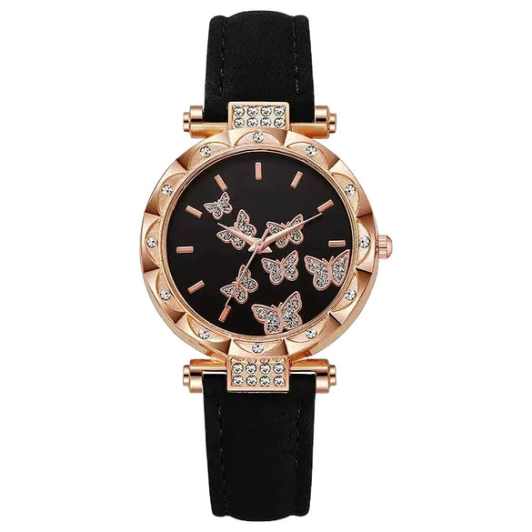 Fashion Diamondencrusted Seven Butterfly Women's Alloy And Pu Watch With Round Dial