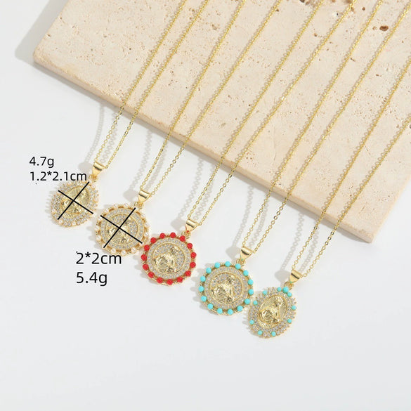 Fashion Discshaped Pearl Zircon Inlaid Virginshaped Pendant Necklace For Women Copper Electroplating