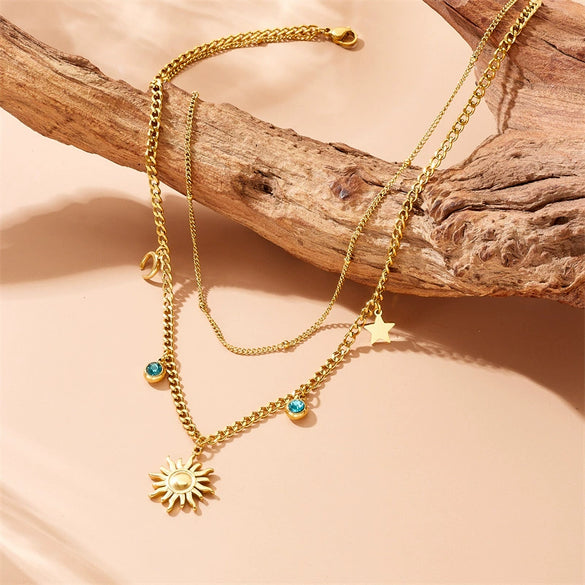 Fashion Dopamine Women's Stainless Steel Star Moon Clavicle Chain With Flower Pendant And Electroplating Treatment