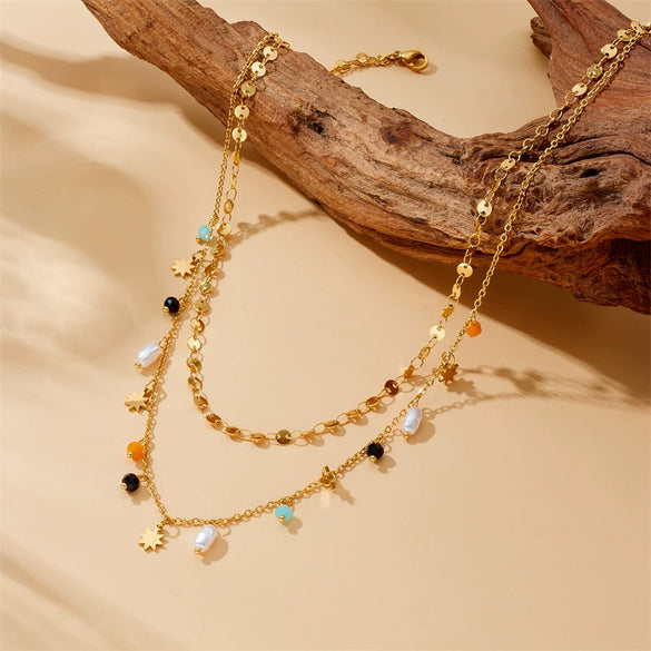 Fashion Double Layer Stacked Highend Sense Geometric Beaded Pendant Chain Necklace Stainless Steel Electroplating For Women
