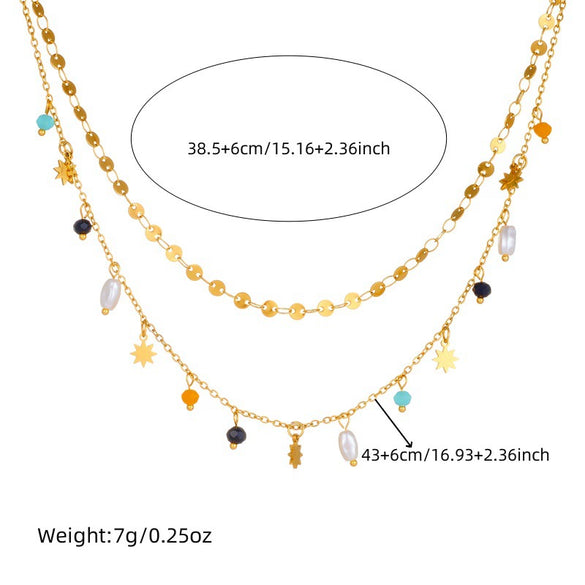 Fashion Double Layer Stacked Highend Sense Geometric Beaded Pendant Chain Necklace Stainless Steel Electroplating For Women