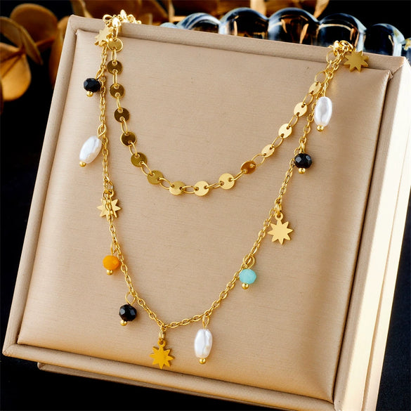 Fashion Double Layer Stacked Highend Sense Geometric Beaded Pendant Chain Necklace Stainless Steel Electroplating For Women
