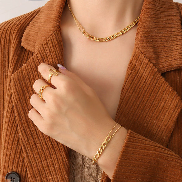Fashion Double Round Bead Stitching Necklace And Bracelet Set In Titanium Steel With 18K Gold Plated Electroplating For Women