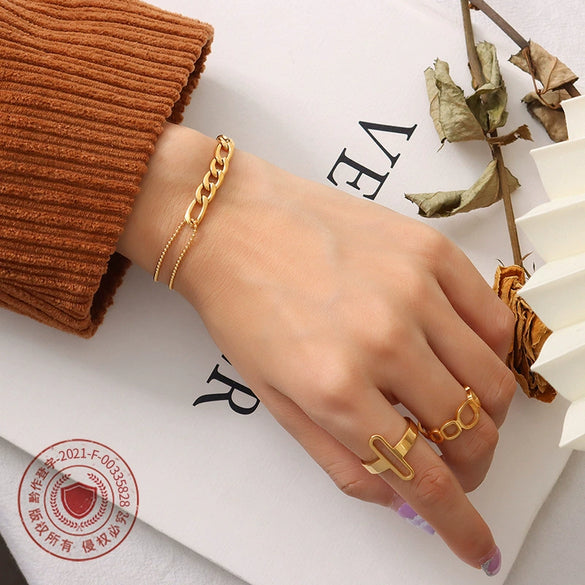 Fashion Double Round Bead Stitching Necklace And Bracelet Set In Titanium Steel With 18K Gold Plated Electroplating For Women