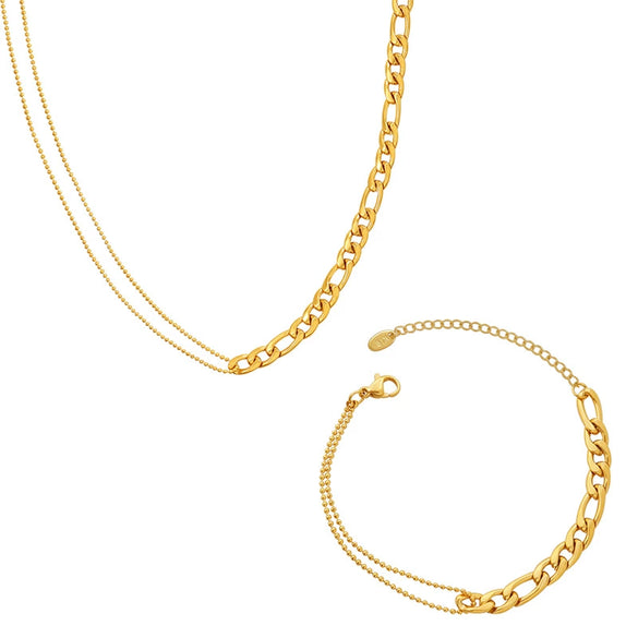 Fashion Double Round Bead Stitching Necklace And Bracelet Set In Titanium Steel With 18K Gold Plated Electroplating For Women