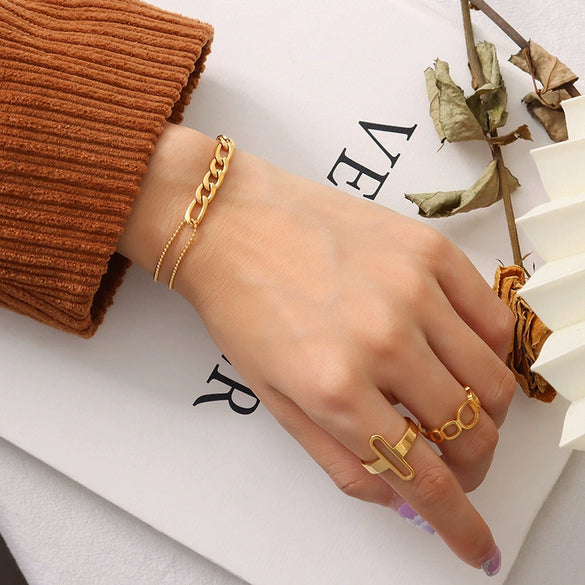 Fashion Double Round Bead Stitching Necklace And Bracelet Set In Titanium Steel With 18K Gold Plated Electroplating For Women