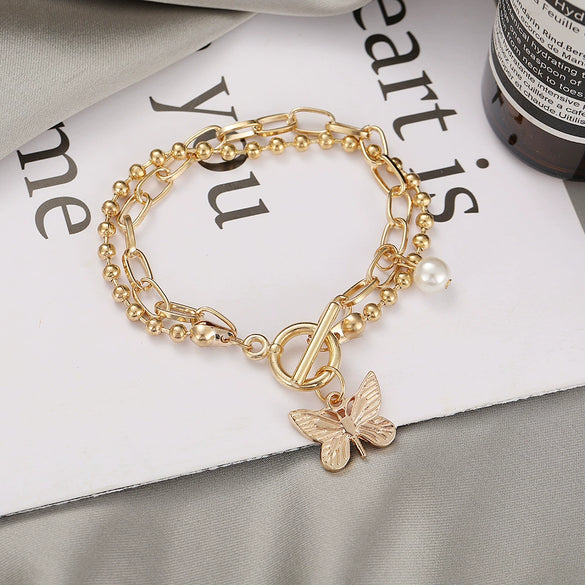 Fashion Doublelayer Ballbead Chain Bracelet With Butterfly Pendant Alloy Material Retro And Simple Style Unisex