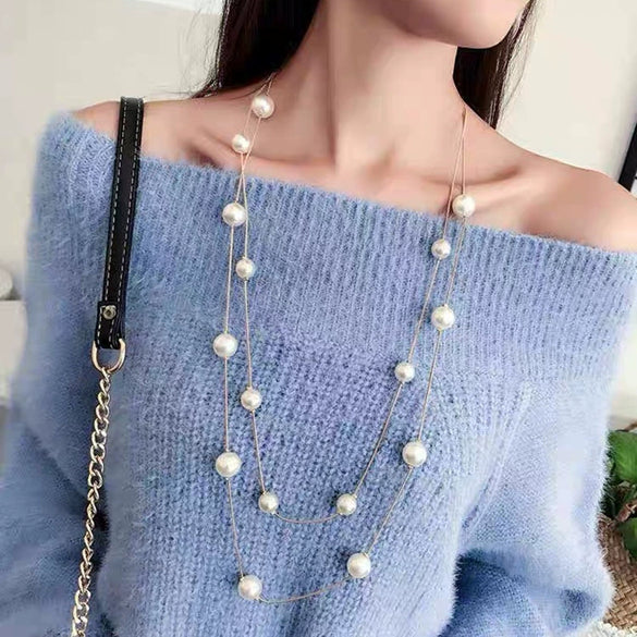 Fashion Doublelayer Pearl Necklace Multilayer Allmatch Sweater Chain Women's Long Simple Necklace Autumn And Winter Jewelry Accessories