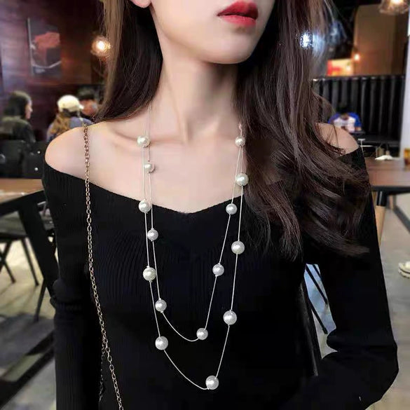 Fashion Doublelayer Pearl Necklace Multilayer Allmatch Sweater Chain Women's Long Simple Necklace Autumn And Winter Jewelry Accessories