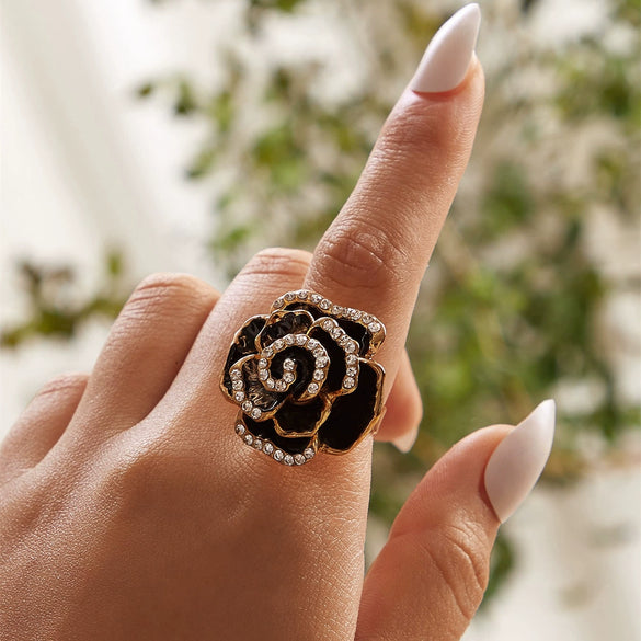 Fashion Electroplated Alloy Flower Ring With Oil Drip Rose Design Adjustable Opening Unisex Statement Ring