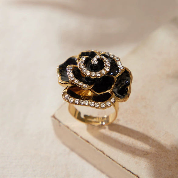 Fashion Electroplated Alloy Flower Ring With Oil Drip Rose Design Adjustable Opening Unisex Statement Ring